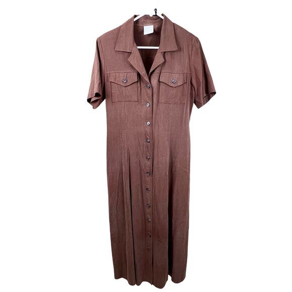 Rabbit Designs Womens Petite Long Brown Collared Button Up Dress Size 10P - Picture 1 of 12